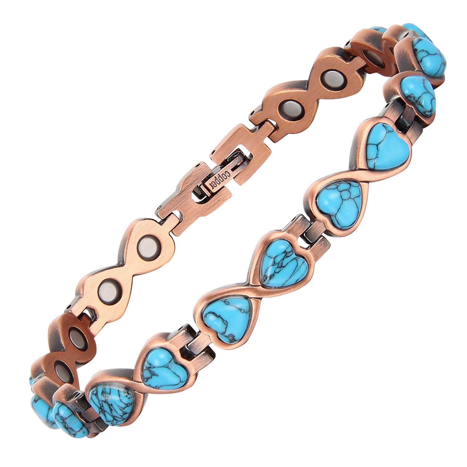 Ladies Copper Magnetic Therapy Bracelet - turquoise hearts