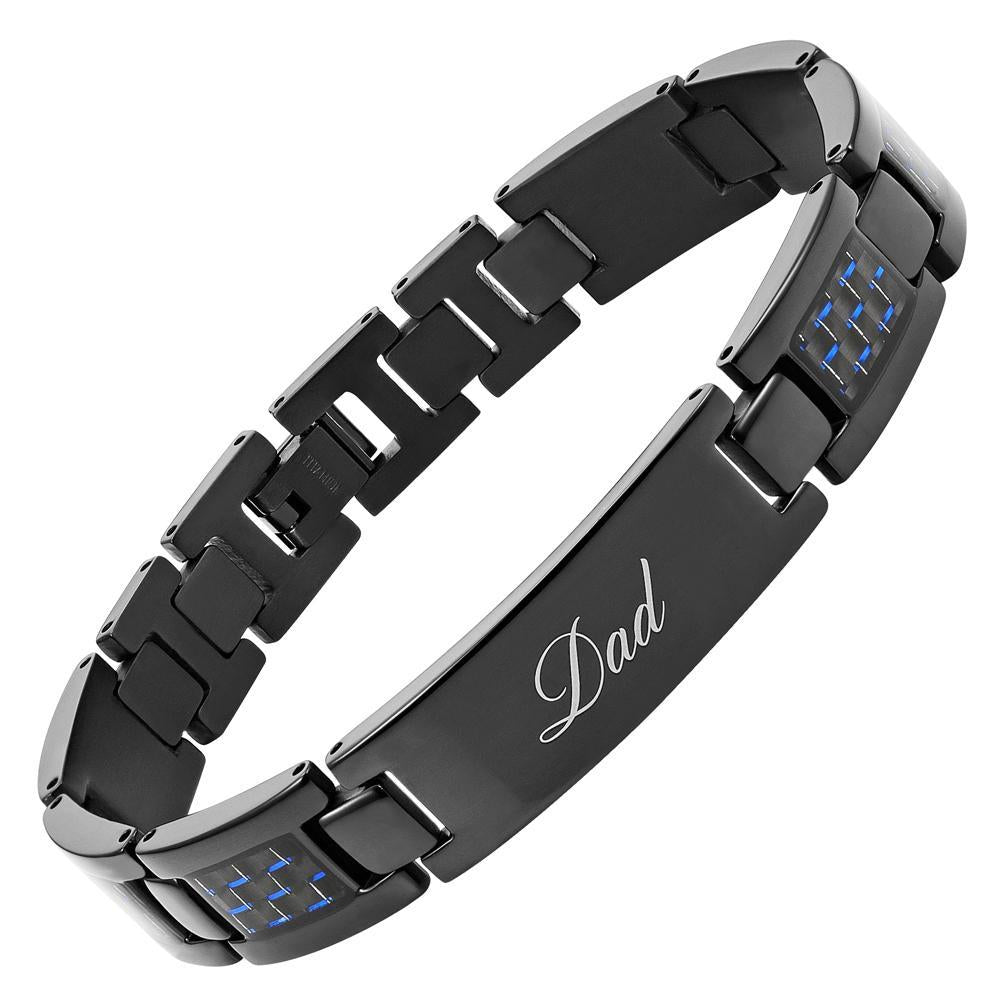 Mens Dad Engraved Bracelet - Love You (Black Titanium Blue Carbon Fibre) Magnetic