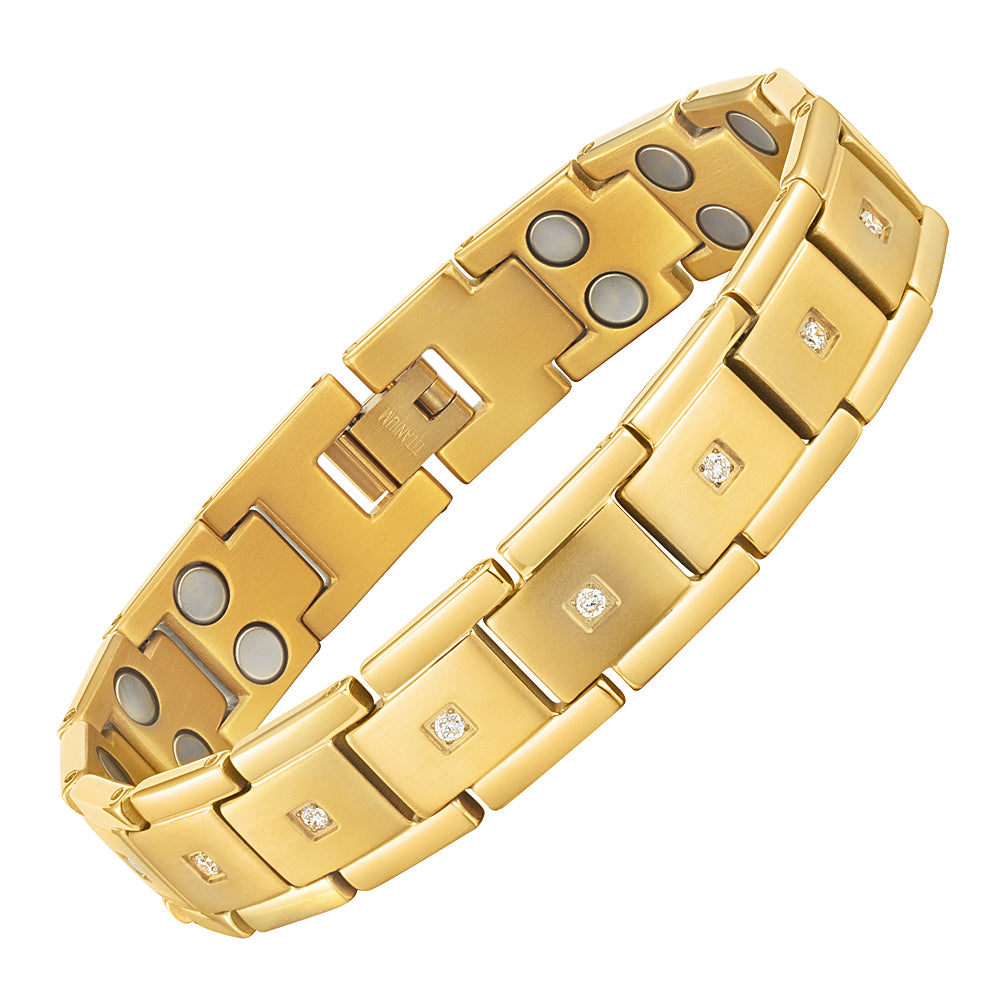 Men's Double Row Magnetic Bracelet with CZ stone -gold titanium