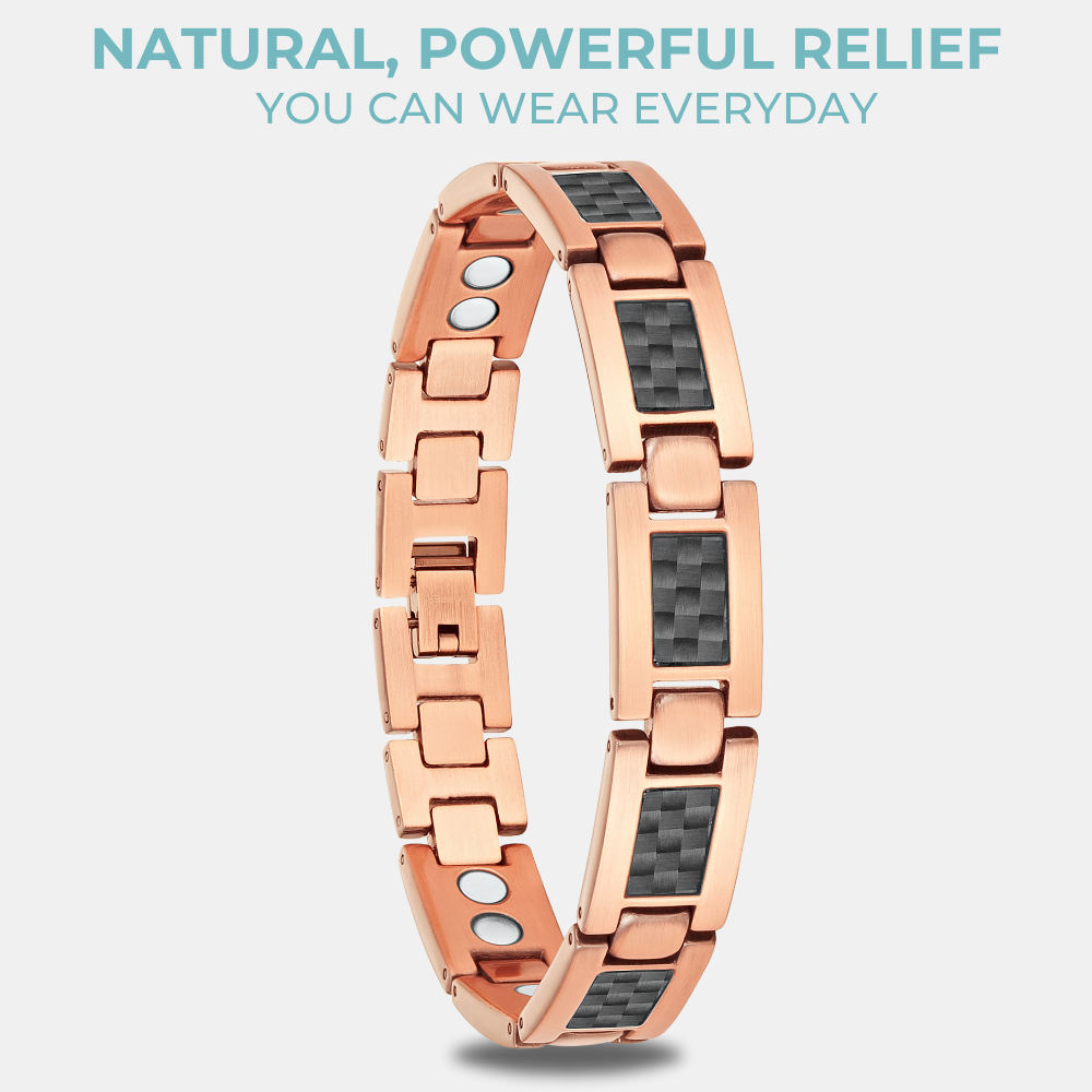 Men’s copper magnetic bracelet with carbon fibre inlay on wrist – wellness gift for men