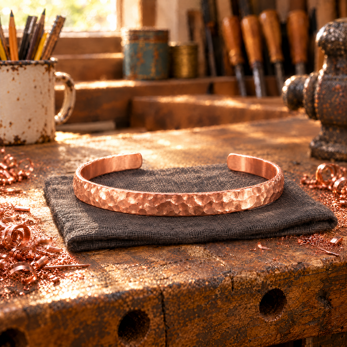 Shimmer Copper Cuff on a linen cloth at the workbench