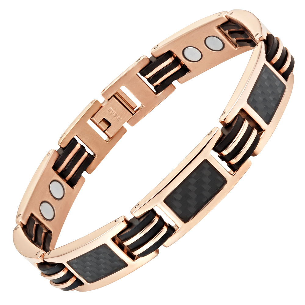 Men's Rose Gold Tone Magnetic Bracelet - Black Carbon Fibre