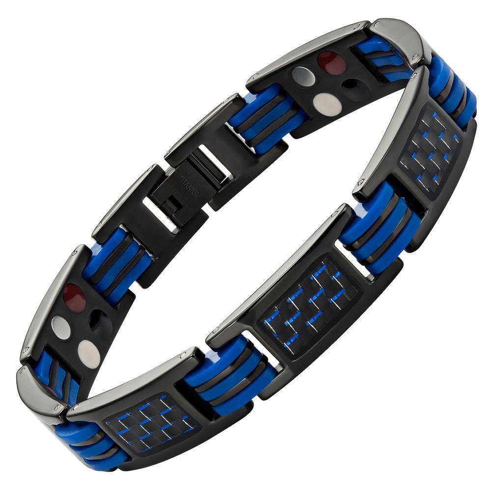 Willis Judd New Mens Four Element Magnetic Blue Carbon Fiber Black Titanium Bracelet + Link Removal Tool
