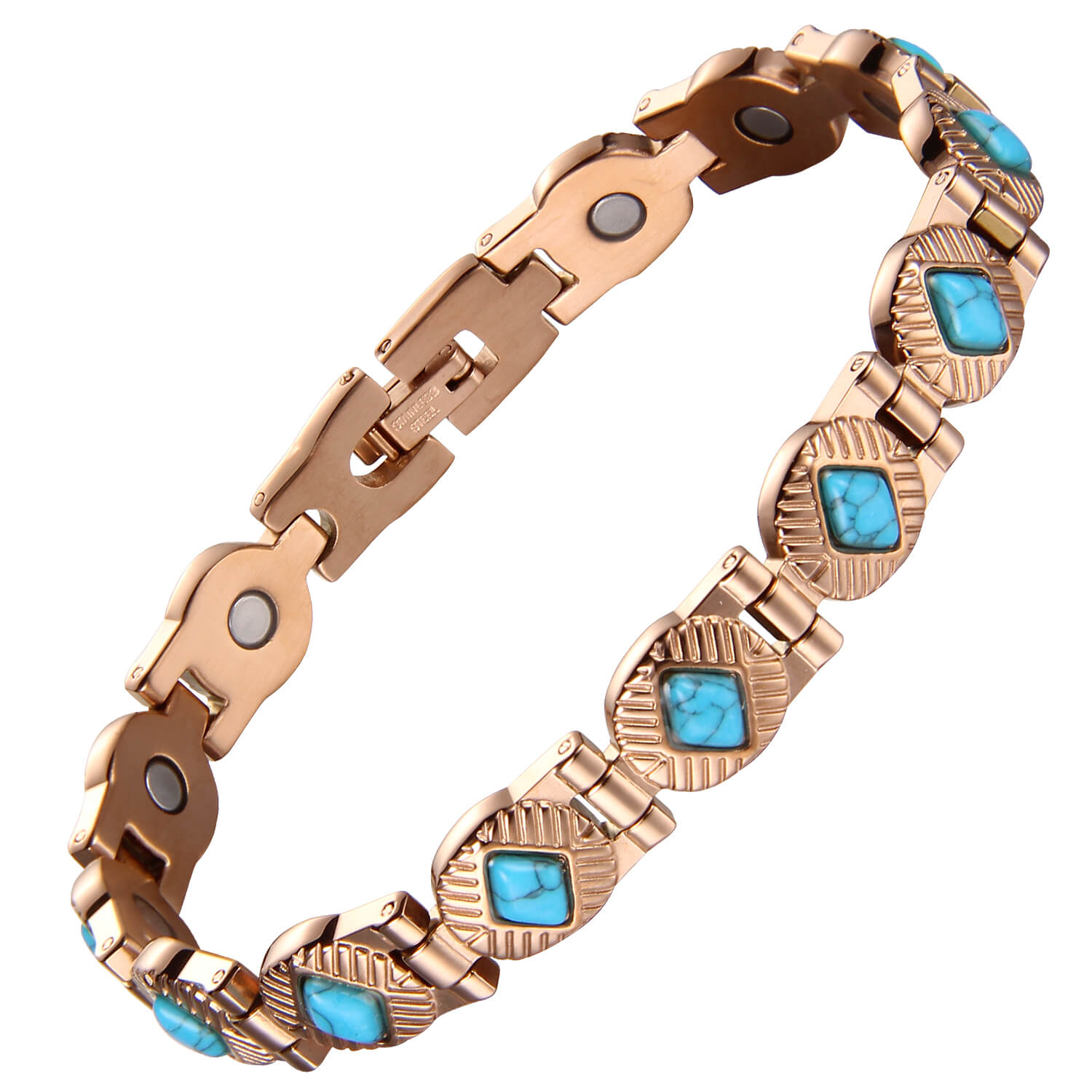 Ladies Magnetic Therapy Bracelet -Rose Gold Tone Turquoise