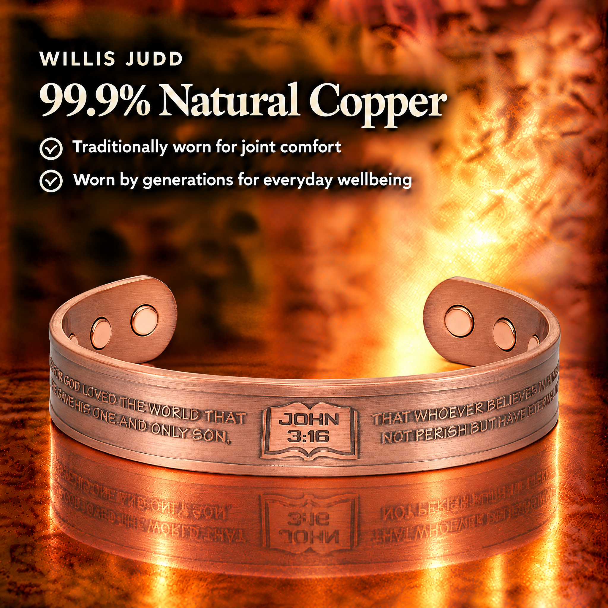 Willis Judd Mens Copper Bangle John 3:16 verse