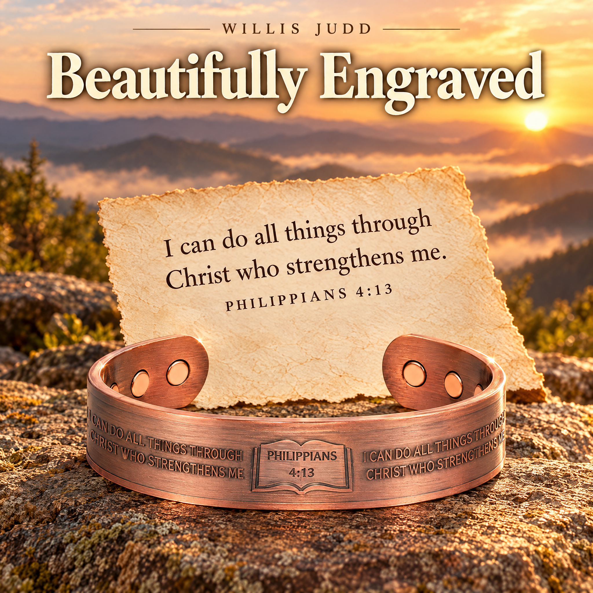 Willis Judd Mens Copper Bangle Philippians 4:13 verse