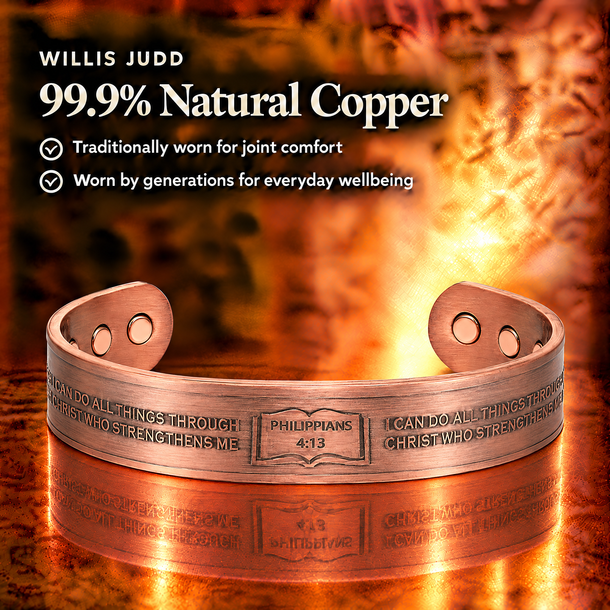Willis Judd Mens Copper Bangle Philippians 4:13 verse