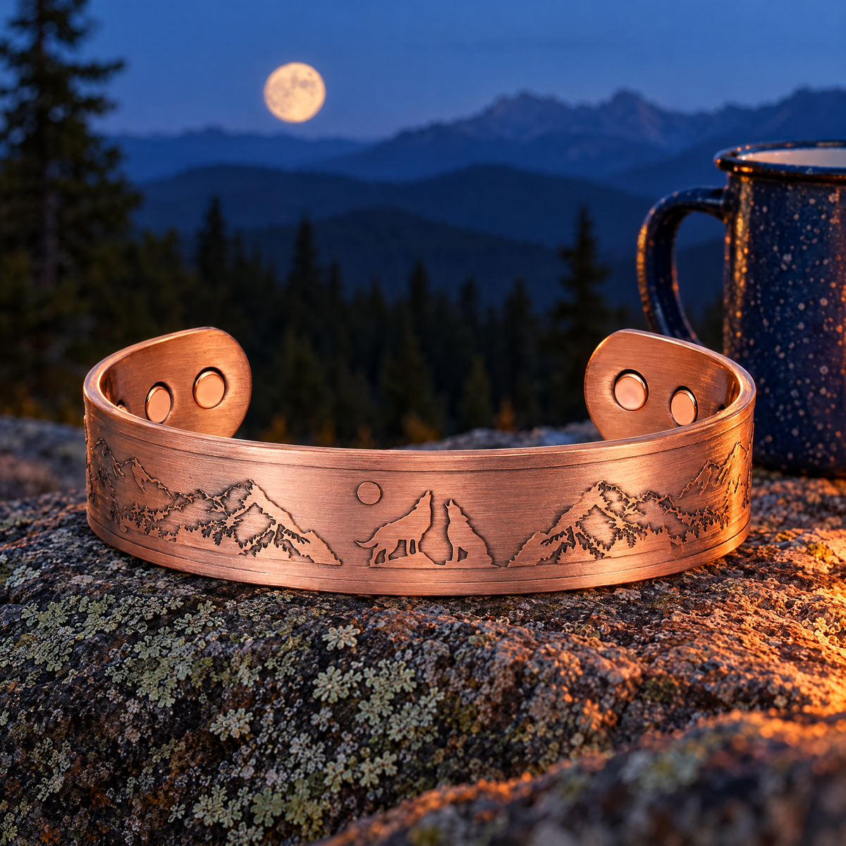 Willis Judd Mens Copper Bangle Wolf Bracelet Howling Wolves With Full Moon Wildlife Design