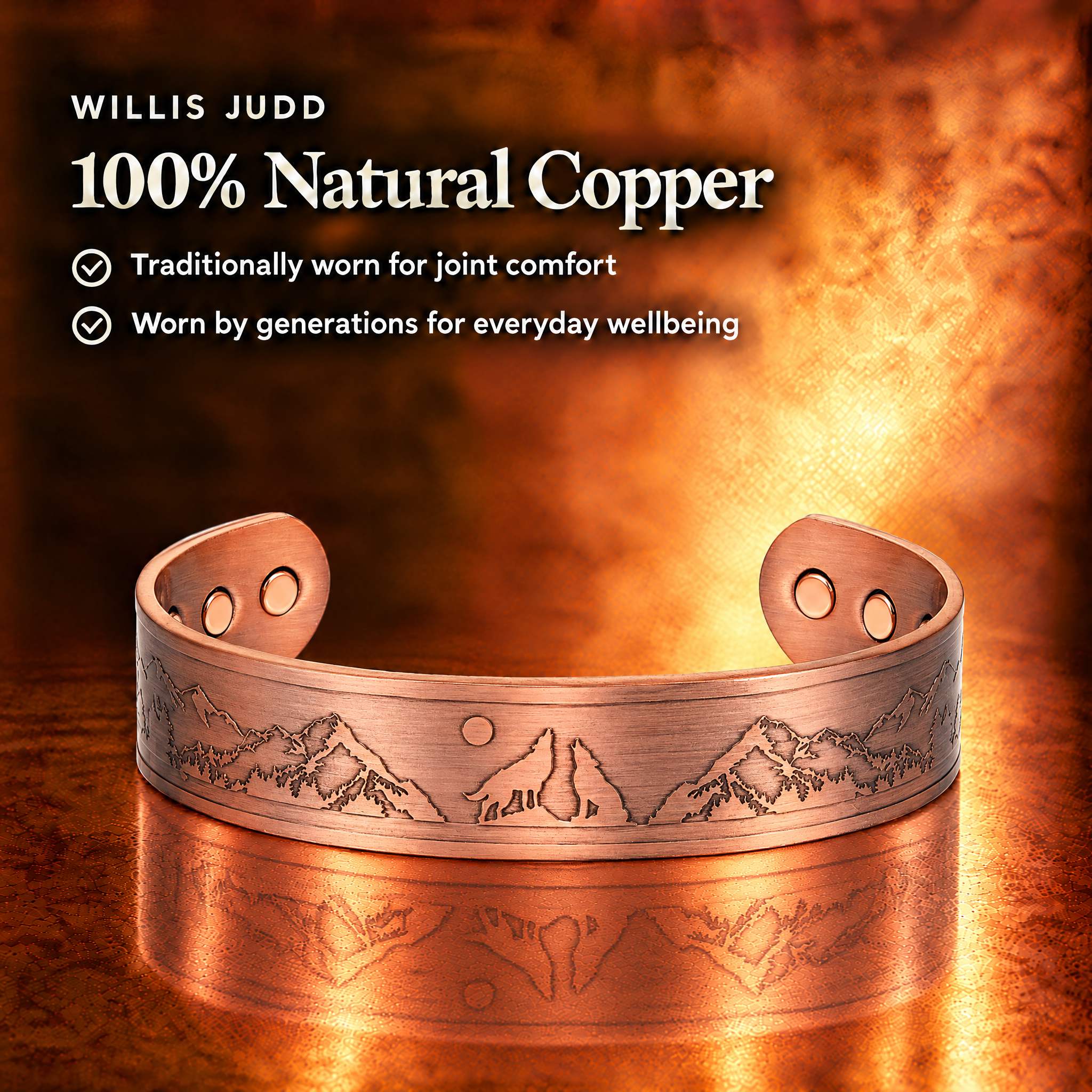 Willis Judd Mens Copper Bangle Wolf Bracelet Howling Wolves With Full Moon Wildlife Design