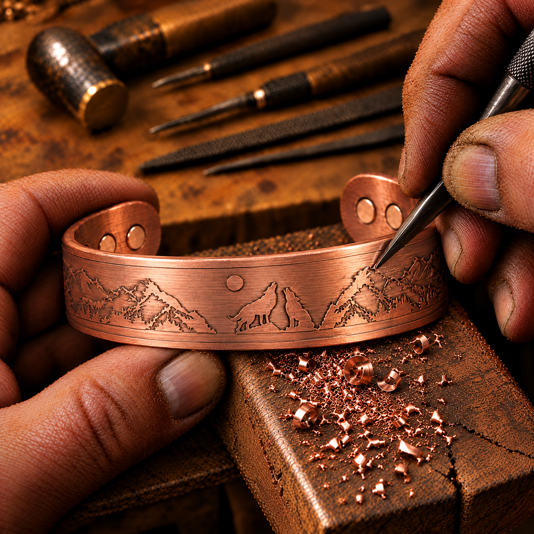 Willis Judd Mens Copper Bangle Wolf Bracelet Howling Wolves With Full Moon Wildlife Design