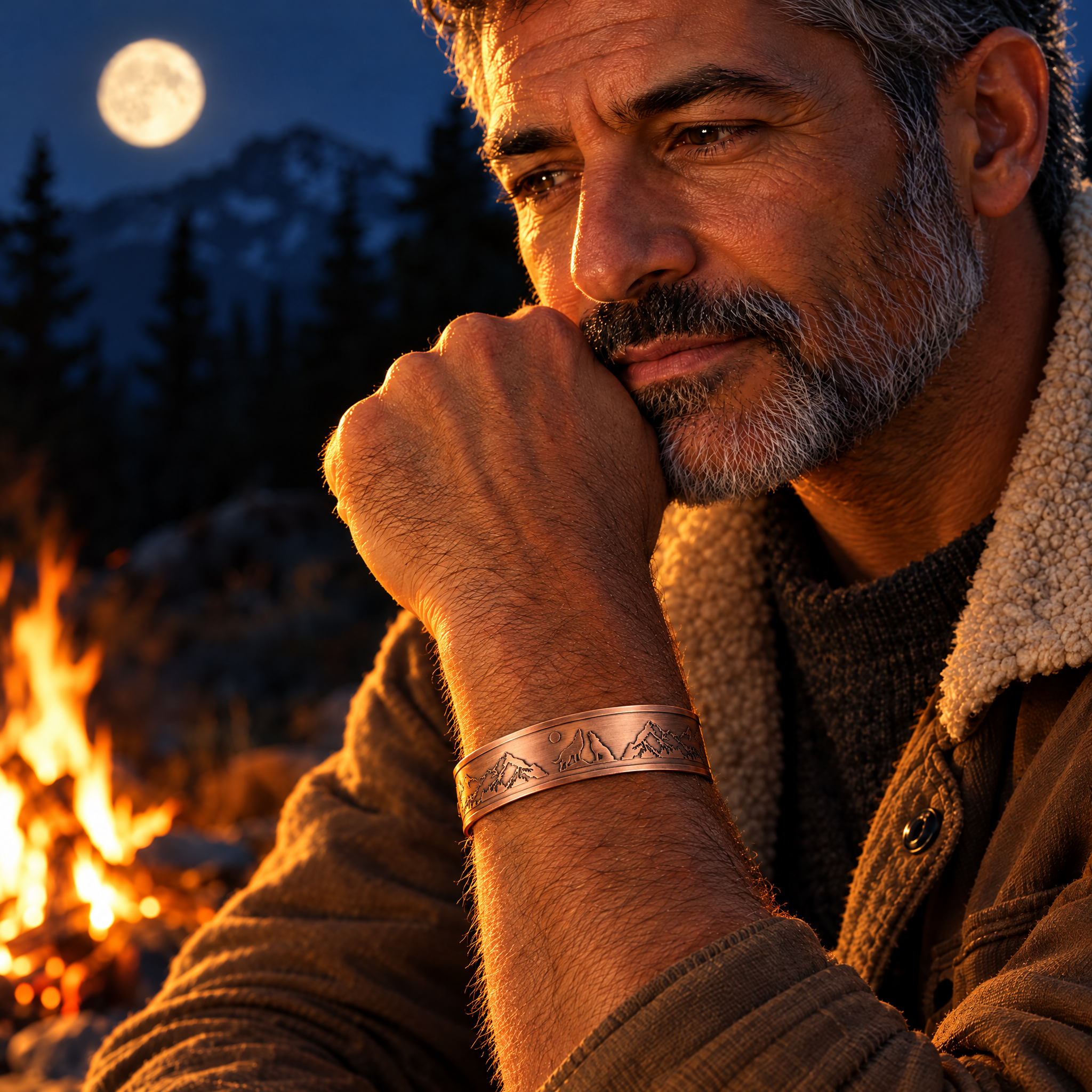 Willis Judd Mens Copper Bangle Wolf Bracelet Howling Wolves With Full Moon Wildlife Design