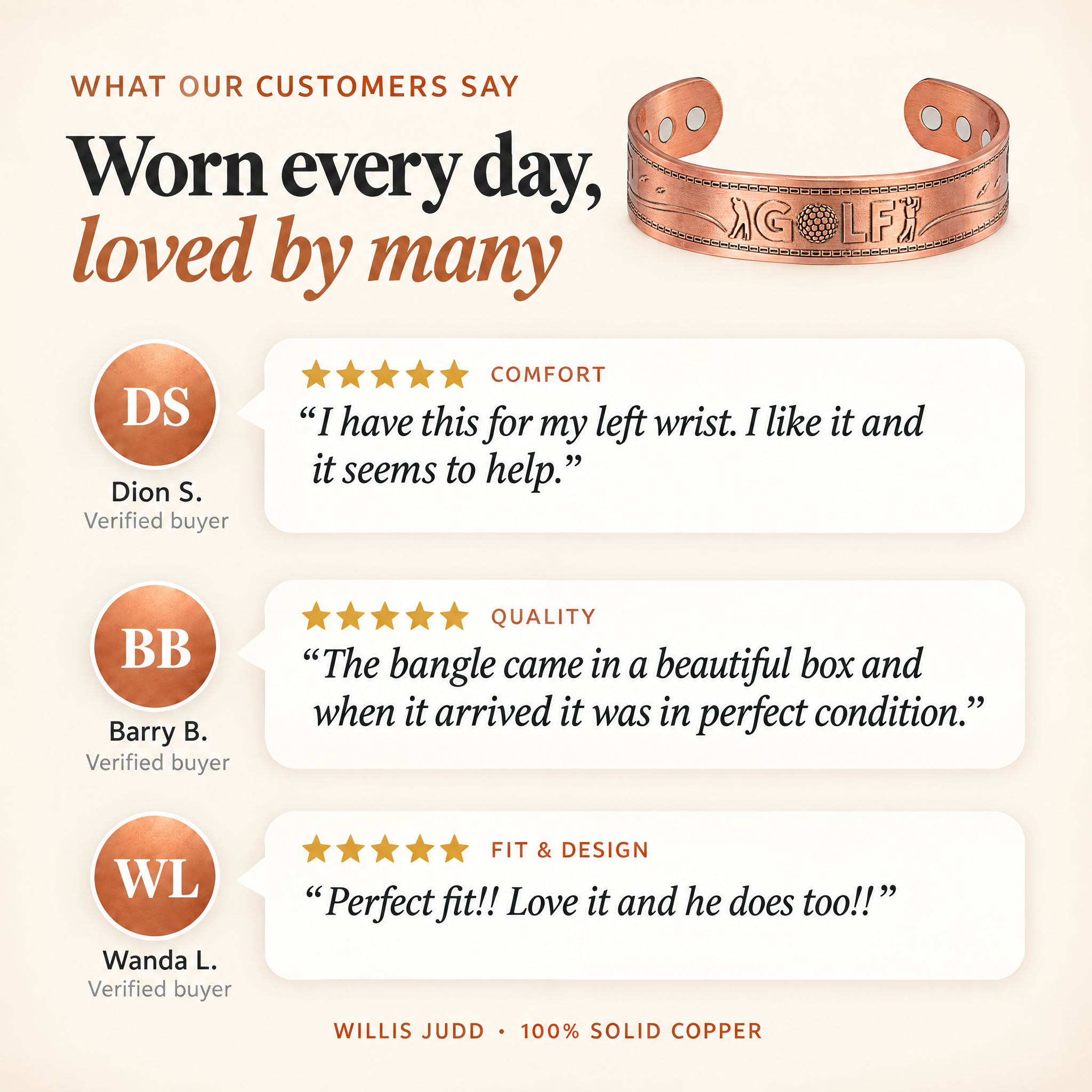 Willis Judd Mens Copper Bangle Golf Bracelet