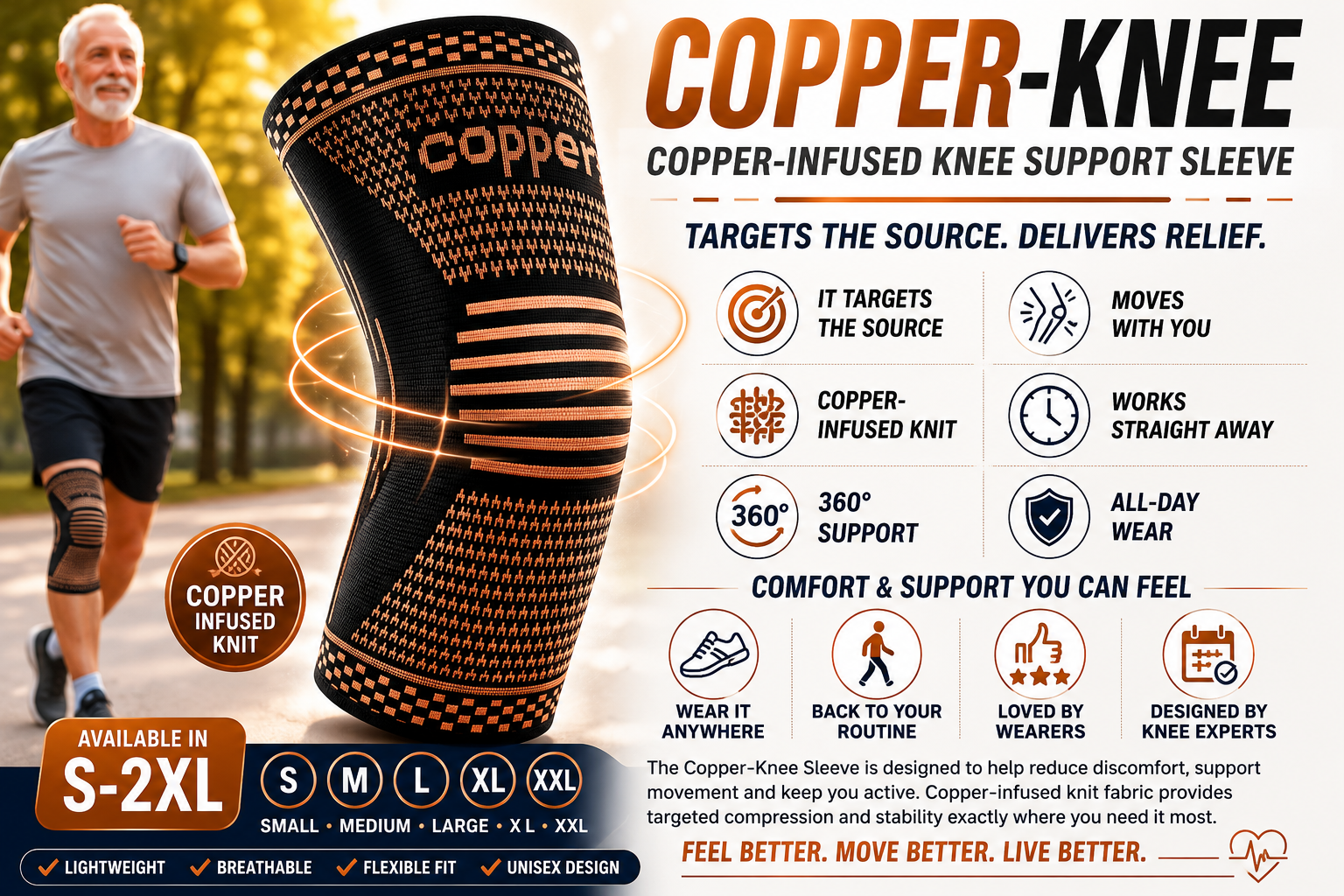 Copper Knee Support Sleeve | Compression Brace for Men & Women | S-2XL