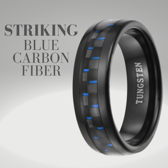 Men's Tungsten Band Ring -  Blue Carbon Fiber