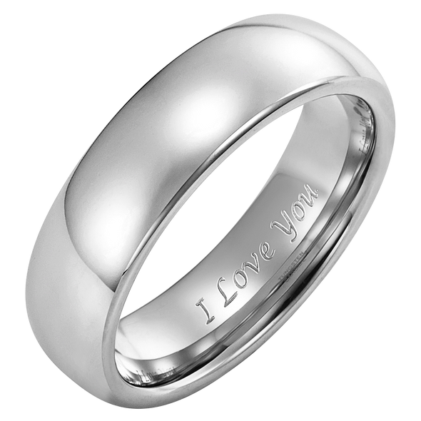 Mens 6mm Polished Tungsten Ring Engraved I Love You