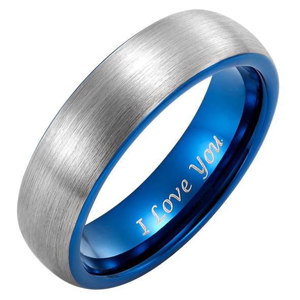 Mens 6mm Blue Tungsten Ring Engraved I Love You