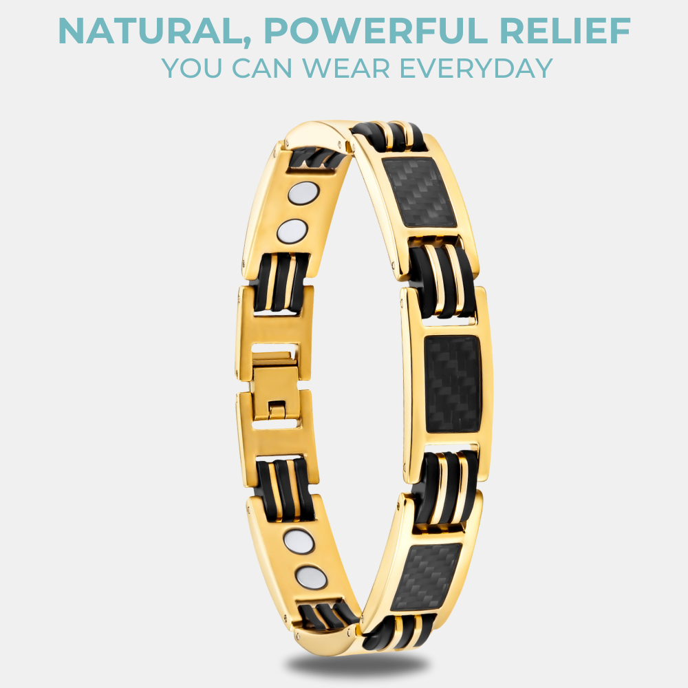 Mens Magnetic Therapy Bracelet- Gold Titanium with Black Carbon Fibre