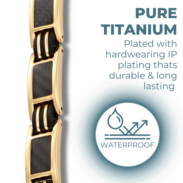 Mens Gold Tone Titanium Magnetic Therapy Bracelet with Black Carbon Fibre