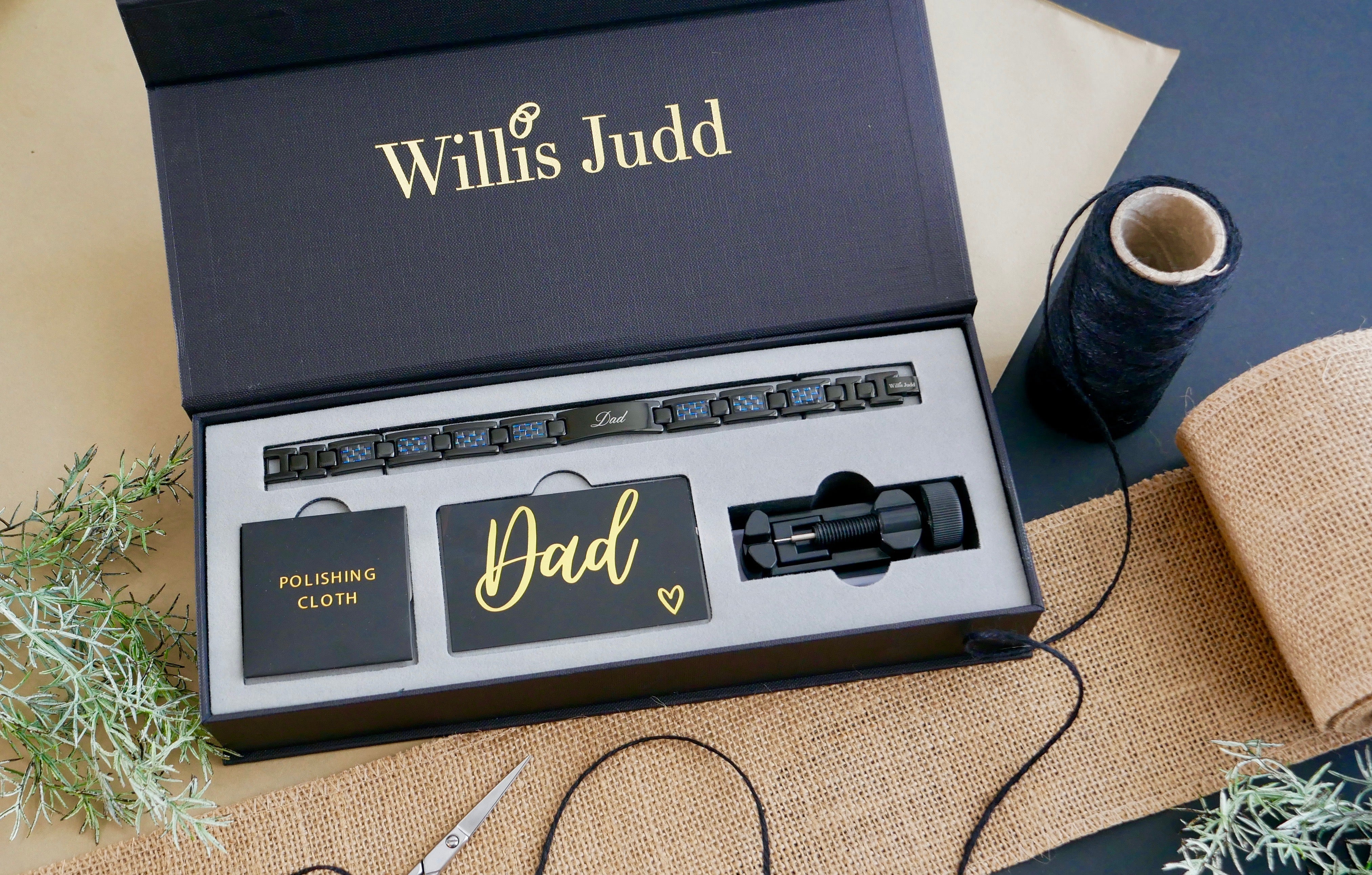 Mens Black Titanium Dad Bracelet With Blue Carbon Fibre Engraved Love You Dad Magnetic