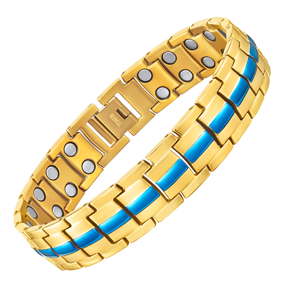 Men's Titanium Double Row Magnetic Therapy Bracelet- blue and gold