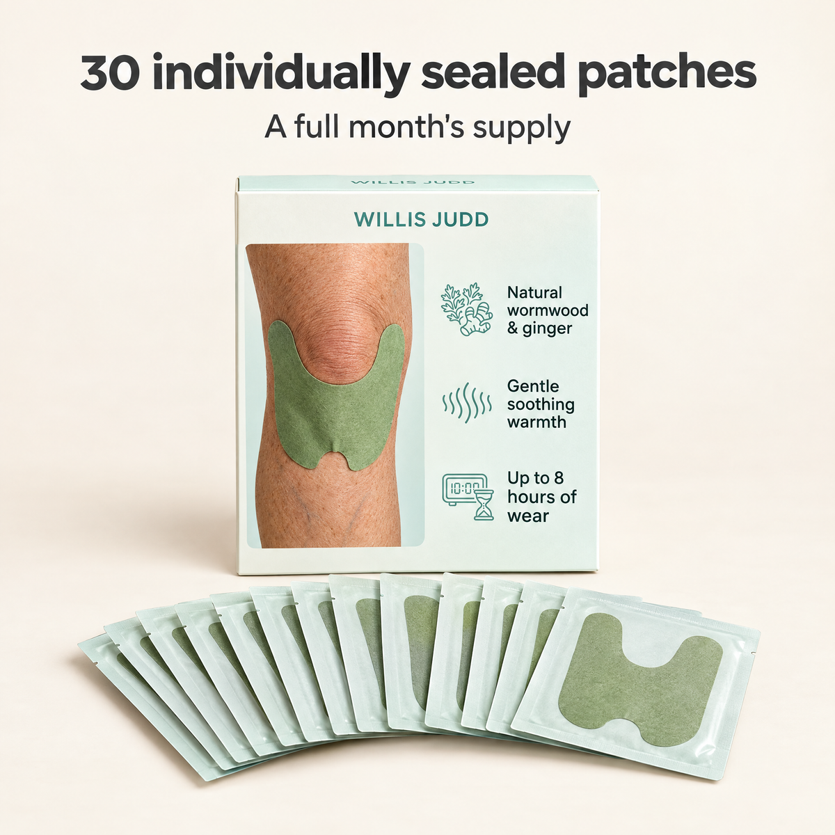 Box of 30 individually sealed herbal knee patches, a full month's supply