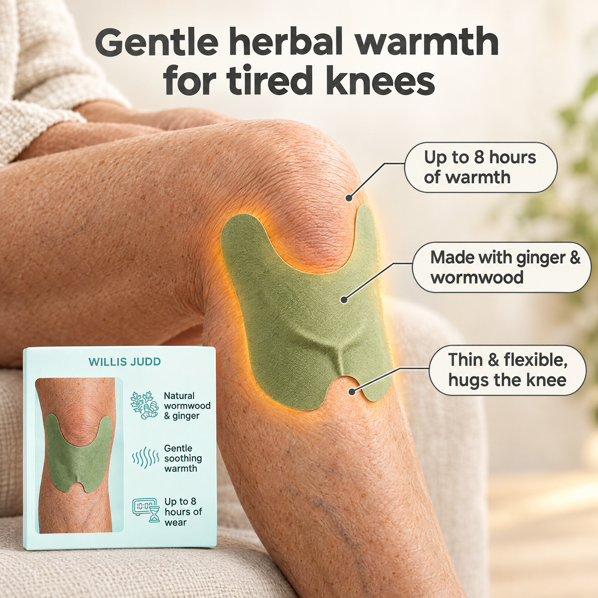 Herbal knee patch giving gentle warmth to an older knee for up to 8 hours