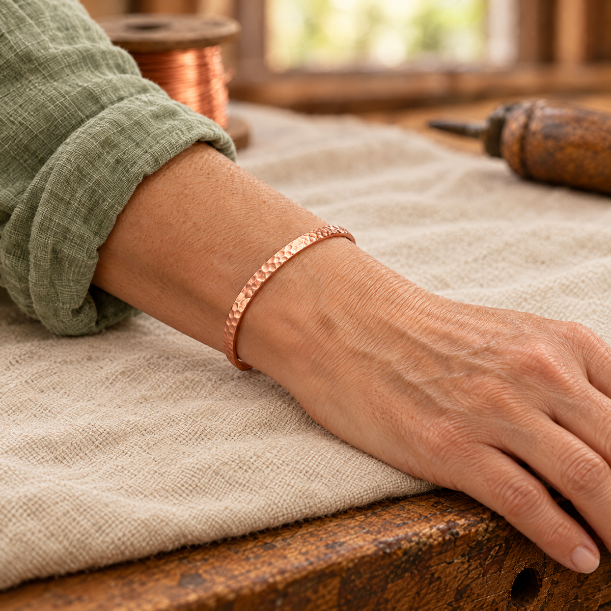 Shimmer Copper Cuff on the wrist