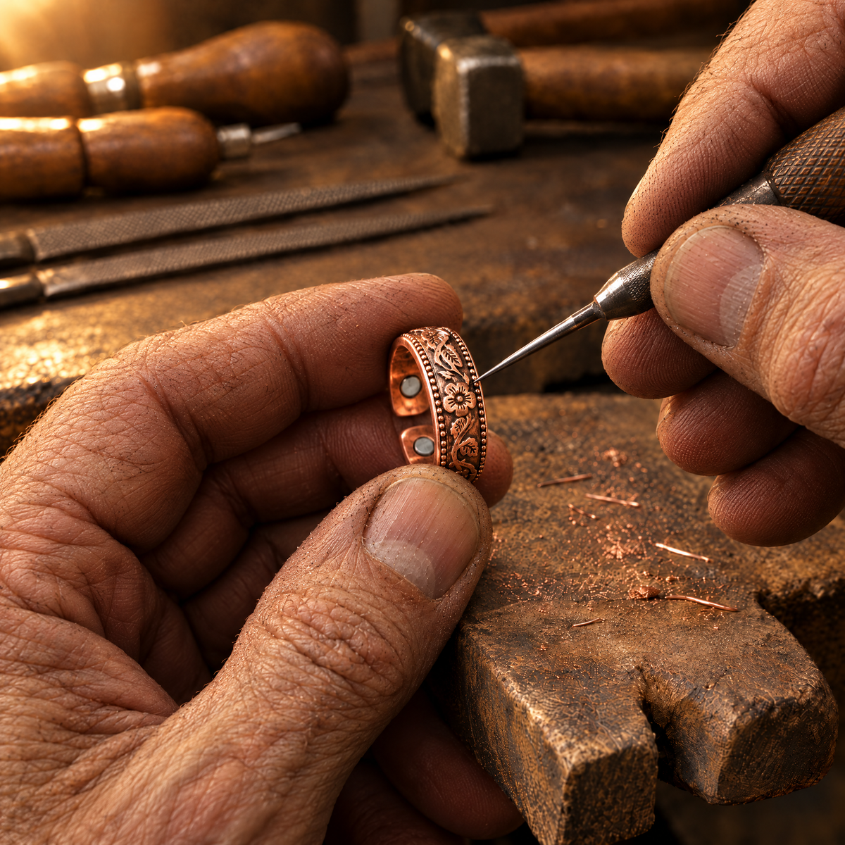 Wildflower Copper Ring at the jeweller's workbench