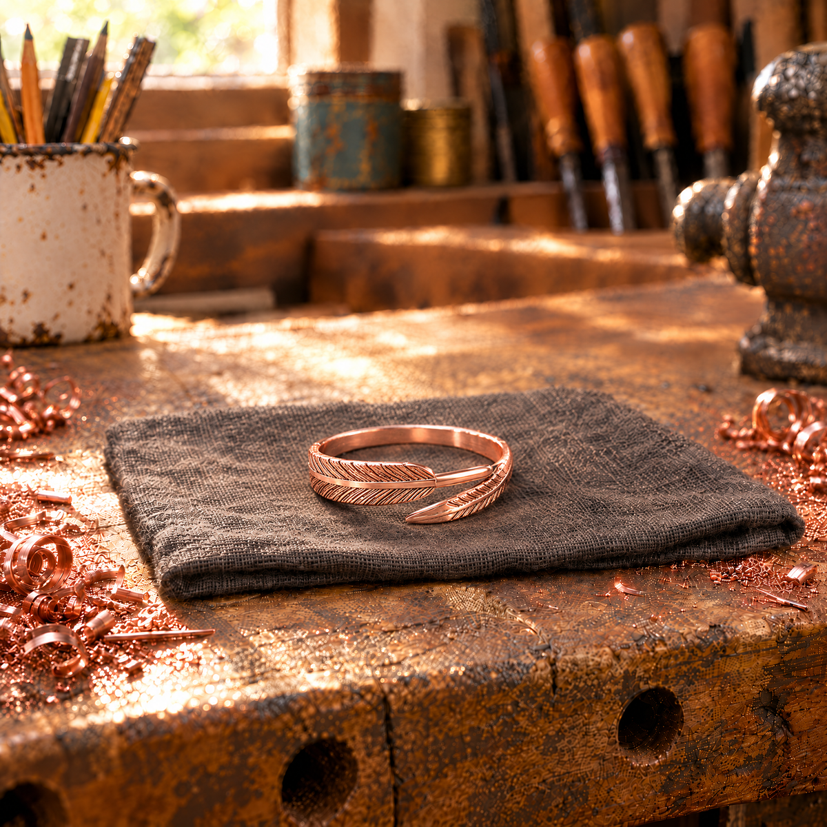 Arrow Copper Ring on a linen cloth at the workbench