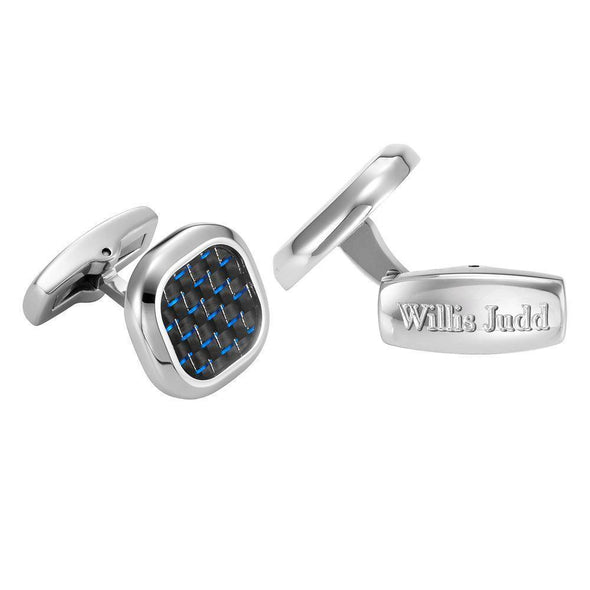 Willis Judd Men’s Stainless Steel with Blue Carbon FIber Cufflinks with Pouch