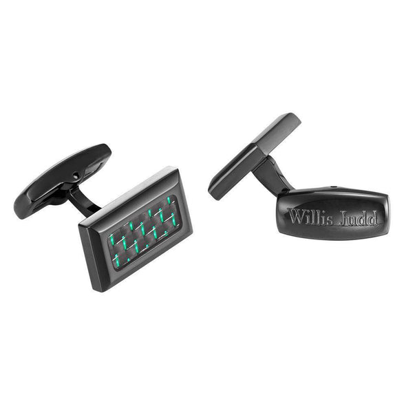 Willis Judd Men’s Black Stainless Steel with Green Carbon FIber Cufflinks with Gift Pouch