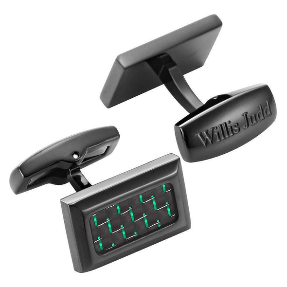 Willis Judd Men’s Black Stainless Steel with Green Carbon FIber Cufflinks with Gift Pouch