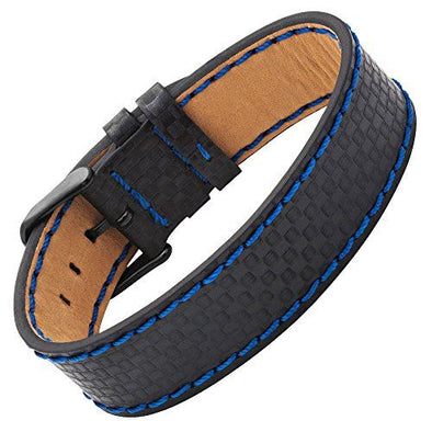 Mens Leather Bracelet Black Carbon Fiber with Blue Stitching Gift Pouch Included By Willis Judd