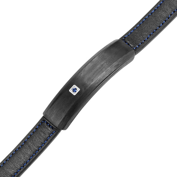 Mens Solid Carbon Fiber Leather Bracelet Blue CZ
