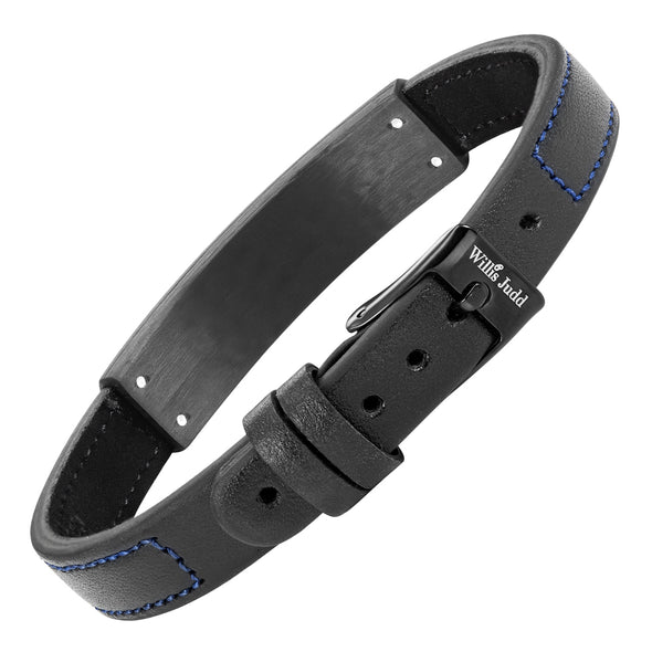 Mens Solid Carbon Fiber Leather Bracelet Blue CZ