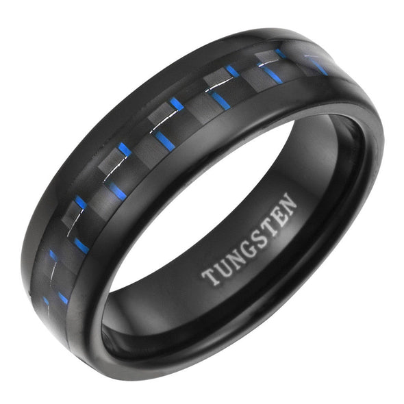 Mens 7mm Blue Carbon Fiber Tungsten Band Ring By Willis Judd Sizes 7 to 14