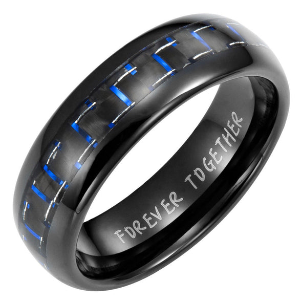 Mens 7mm Blue Carbon Fiber Tungsten Ring Engraved Forever Together Willis Judd