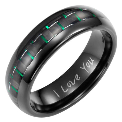 Mens 7mm Green Carbon Fiber Tungsten Ring Engraved I Love You By Willis Judd