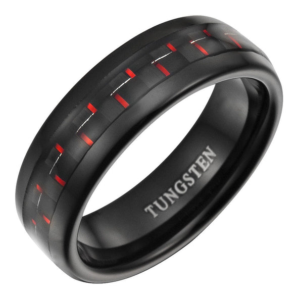 Mens 7mm Red Carbon Fiber Tungsten Band Ring By Willis Judd Sizes 7 to 14