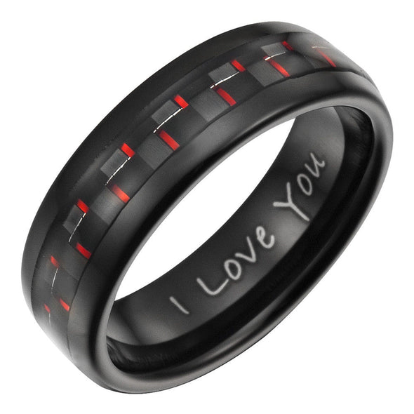 Mens 7mm Red Carbon Fiber Tungsten Ring Engraved I Love You By Willis Judd