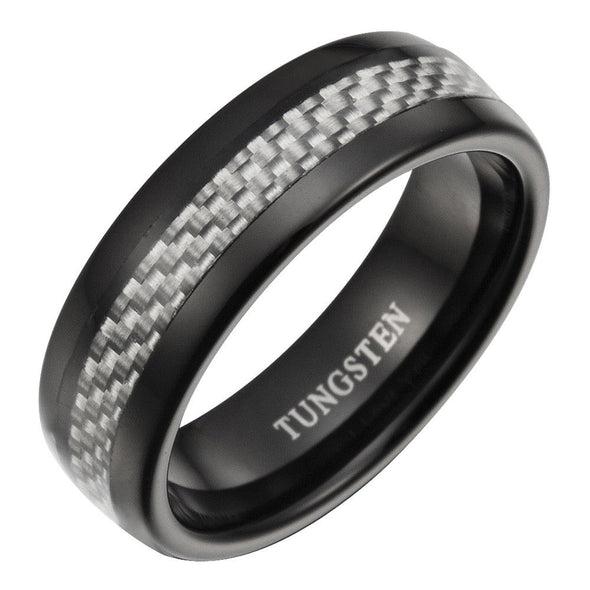 Mens 7mm Silver Carbon Fiber Tungsten Band Ring By Willis Judd Sizes 7 to 14