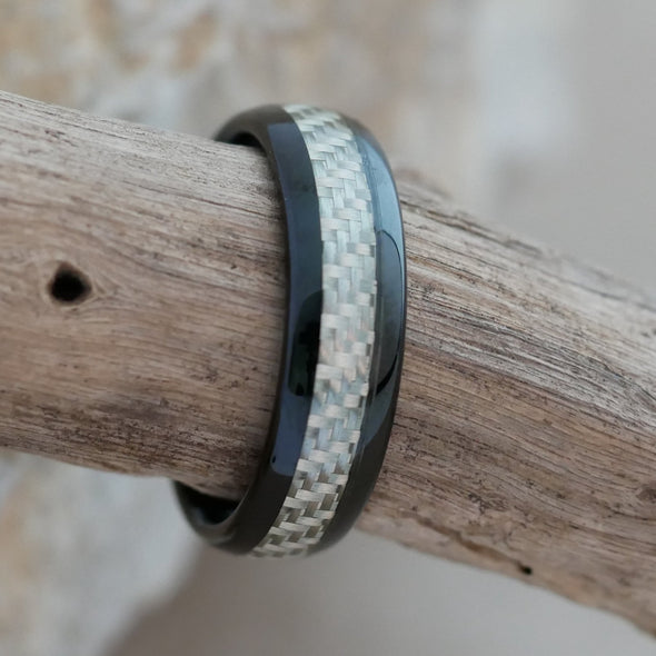 Men's Tungsten Band Ring - Silver Carbon Fiber