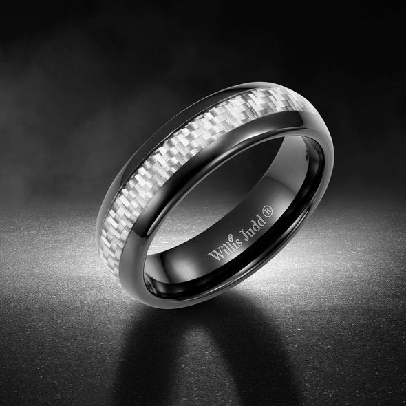 Men's Tungsten Band Ring - Silver Carbon Fiber