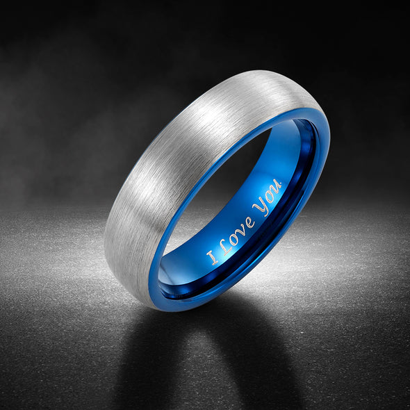 Mens 6mm Blue Tungsten Ring Engraved I Love You