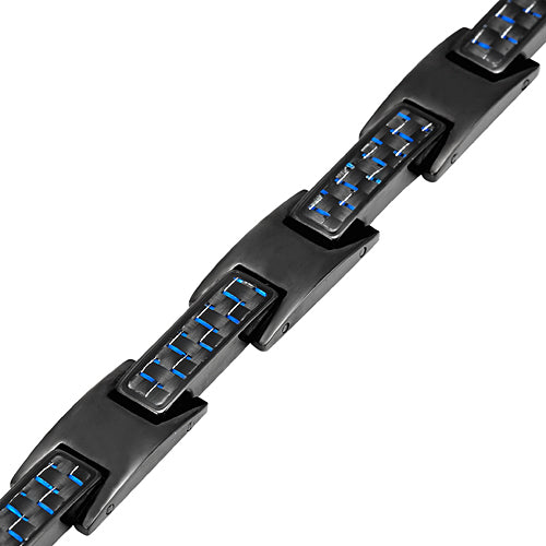 Mens Black Stainless Steel Magnetic Bracelet with Carbon Fibre