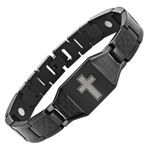 Men's Black Titanium Magnetic Bracelet Featuring Black Carbon Fiber