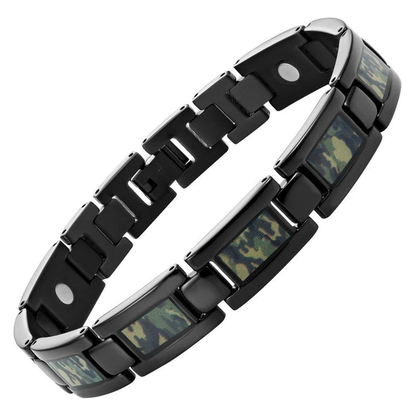 Mens Black Titanium Magnetic Therapy Bracelet with Green Camouflage