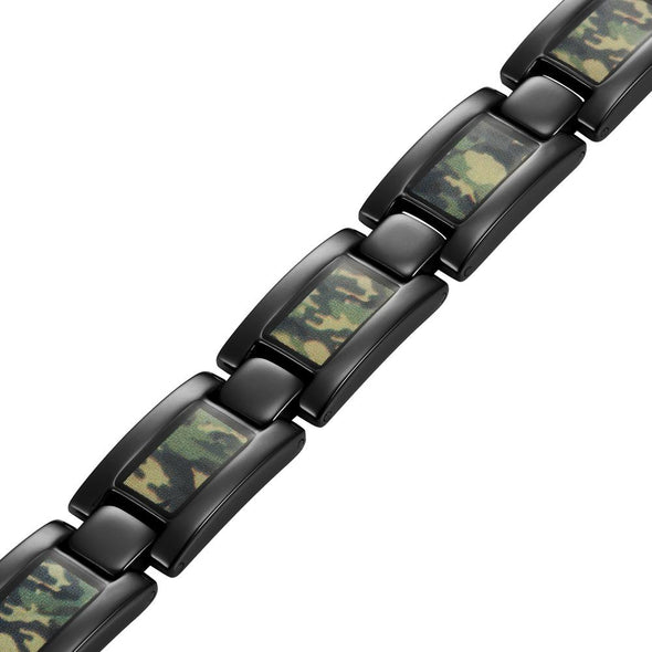Mens Black Titanium Magnetic Therapy Bracelet with Green Camouflage