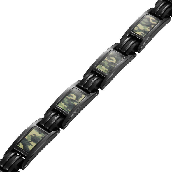 Men's Black Titanium Magnetic Bracelet with Green Camouflage