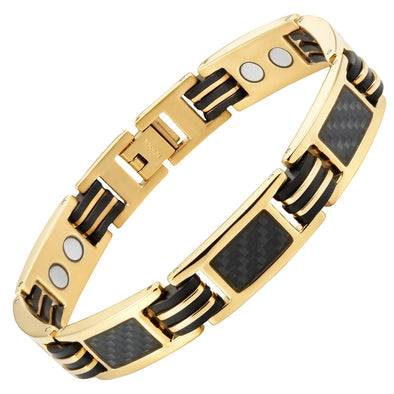 Mens Gold Tone Titanium Magnetic Therapy Bracelet with Black Carbon Fibre